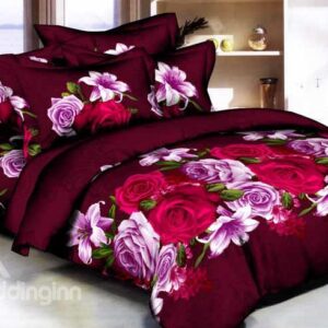 Red and Purple Roses Printing 100% Cotton 4 Pieces Duvet Cover Sets