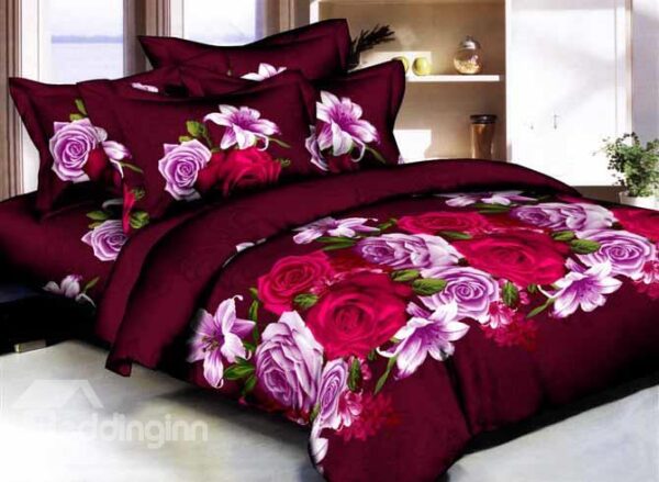 Red and Purple Roses Printing 100% Cotton 4 Pieces Duvet Cover Sets