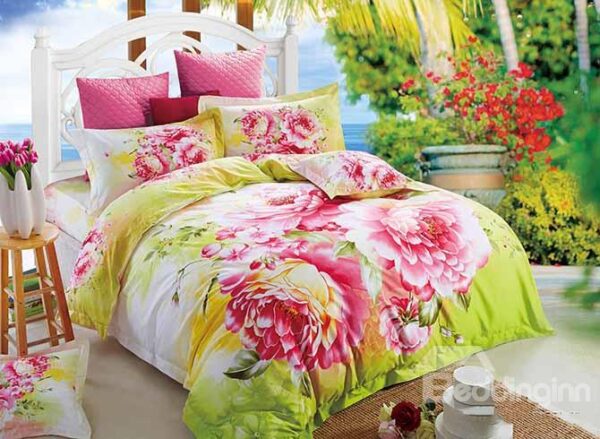 Pink Peonies Design Cozy Cotton 4-Piece Duvet Cover Sets
