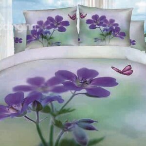 Purple Orchid and Butterfly Printing 4-Piece Cotton Duvet Cover Sets