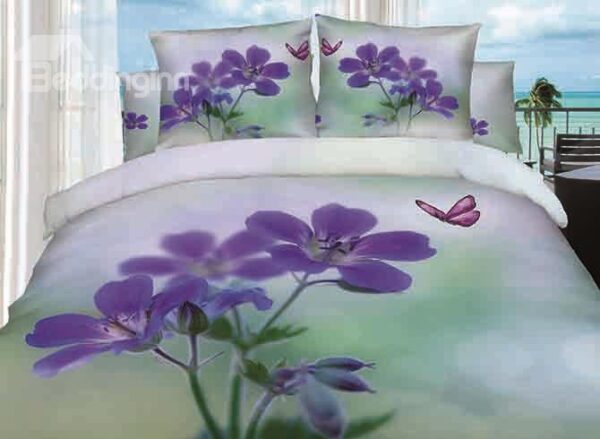 Purple Orchid and Butterfly Printing 4-Piece Cotton Duvet Cover Sets
