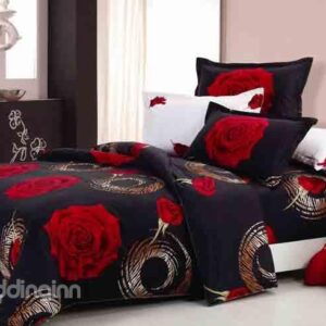 Romantic Red Roses with Black Ground 4 Pieces Duvet Cover Sets