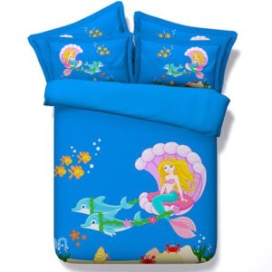 Beautiful Cartoon Mermaid Digital Printing Blue 5-Piece Comforter Sets
