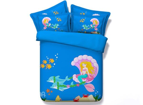 Beautiful Cartoon Mermaid Digital Printing Blue 5-Piece Comforter Sets