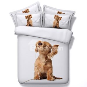 Puppy Listening to Music Digital Printing 5-Piece Comforter Sets