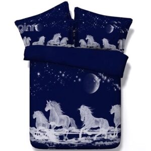 White Horses Digital Printing Dark Blue 5-Piece Comforter Sets