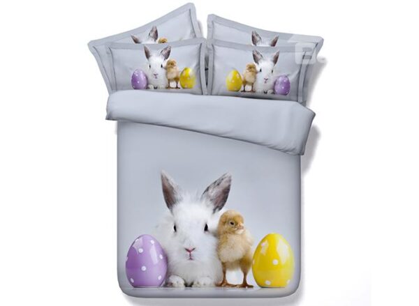Lovely Rabbit and Chick Digital Printing 4-Piece Gray Duvet Cover Sets