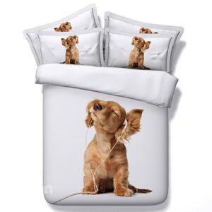 Lovely Puppy Listening to Music Digital Printing 4-Piece White Duvet Cover Sets