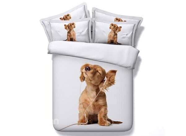 Lovely Puppy Listening to Music Digital Printing 4-Piece White Duvet Cover Sets