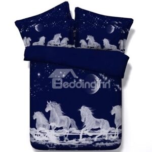 White Horses Digital Printing Dark Blue 4-Piece Duvet Cover Sets