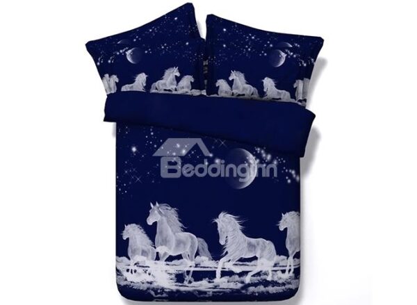 White Horses Digital Printing Dark Blue 4-Piece Duvet Cover Sets