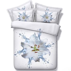 Dewy Lily Digital Printing White 4-Piece Duvet Cover Sets