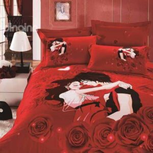 Sweet Lovers and Red Roses Printing 4-Piece Duvet Cover Sets