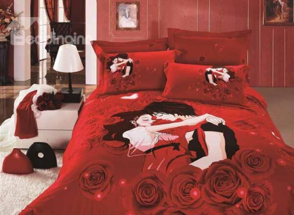 Sweet Lovers and Red Roses Printing 4-Piece Duvet Cover Sets