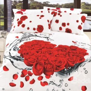 Dewy Red Roses and Petals Printing 4-Piece Duvet Cover Sets