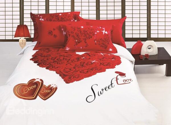 Romantic Heart Shaped Roses Printing 4-Piece Cotton Duvet Cover Sets