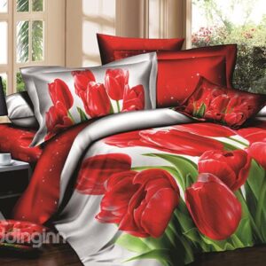 Charming Red Tulips Printing Cotton 4-Piece Duvet Cover Sets