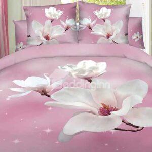 White Magnolia Printing with Pink Background 4-Piece Duvet Cover Sets