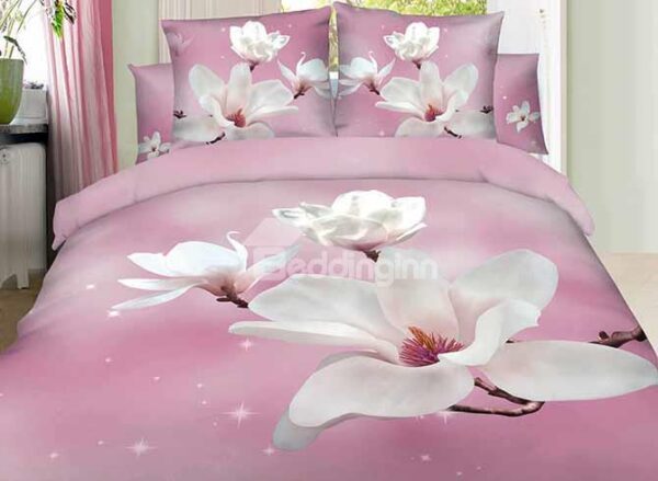 White Magnolia Printing with Pink Background 4-Piece Duvet Cover Sets