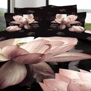Pink Lotus Printing Black 4-Piece Cotton Duvet Cover Sets