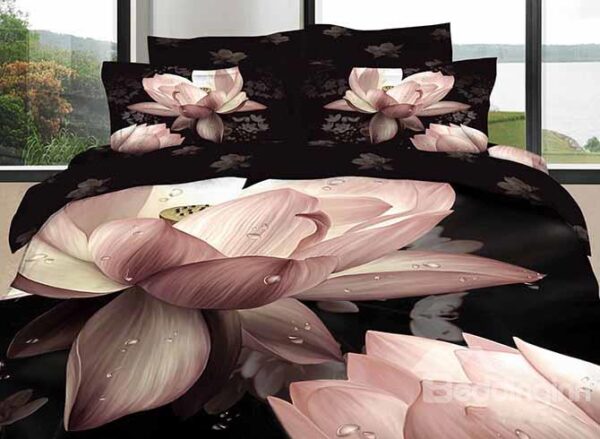 Pink Lotus Printing Black 4-Piece Cotton Duvet Cover Sets