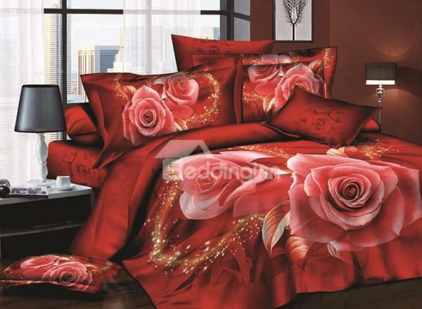 100% Cotton Red Roses Printing 4 Pieces Duvet Cover Sets