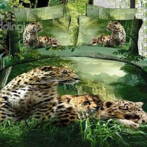 Leopards in Forest Printing 4-Piece Cotton Duvet Cover Sets