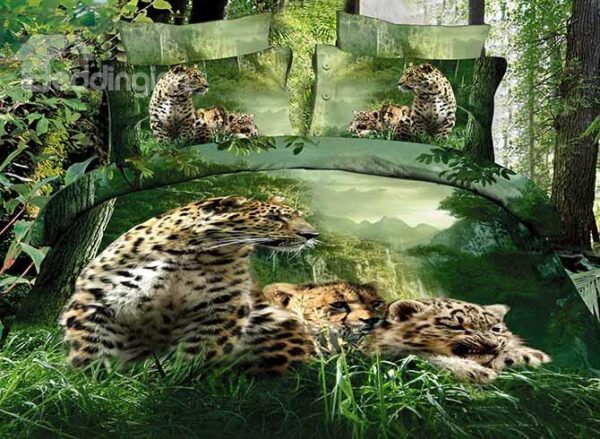 Leopards in Forest Printing 4-Piece Cotton Duvet Cover Sets