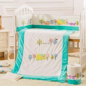 Lovely Elephant and Trees Pattern 100% Natural Organic Cotton Crib Bedding Set