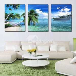 Wonderful Blue Sea and Palm Trees 3-Panel Canvas Wall Art Prints