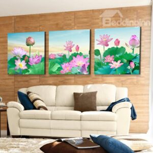 Stunning Pink Lotus and Green Lilypad 3-Panel Canvas Wall Art Prints