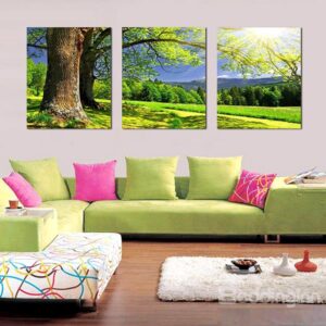 Wonderful Tree in the Green Field 3-Panel Canvas Wall Art Prints