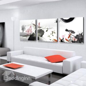 Classic Ink Painting Lotus and Fish 3-Panel Canvas Wall Art Prints
