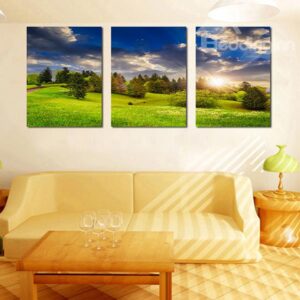 Picturesque Green Field in Blue Sky 3-Panel Canvas Wall Art Prints