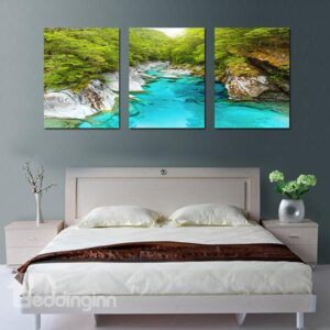 Beautiful Nature Crystal Blue Creek in Valley 3-Panel Canvas Wall Art Prints
