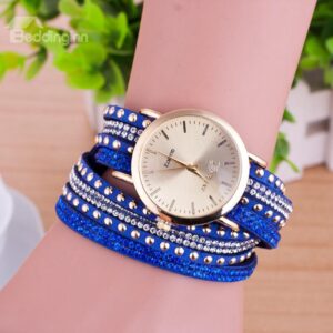 Women's Rivet Diamante Multi-layer Rope Wrap Bracelet Watch