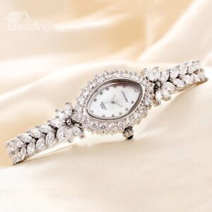Women's Elegant Oval Diamante Case Leaf Shape Bracelet Watch